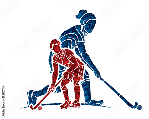 Group of Field Hockey Sport Male and Female Players Action Together Cartoon Graphic Vector