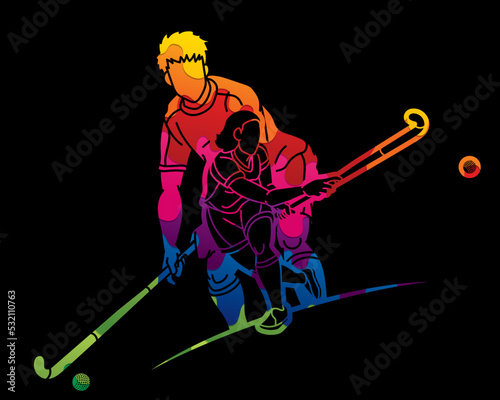 Group of Field Hockey Sport Male and Female Players Action Together Cartoon Graphic Vector