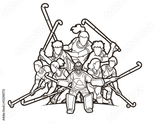 Group of Field Hockey Sport Male and Female Players Action Together Cartoon Graphic Vector