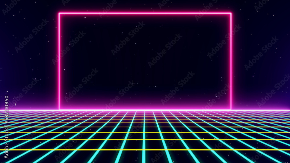 Retro style Sci-Fi future synthwave background. Futuristic Perspective Grid Landscape. Digital Cyber Surface. Suitable for design party flyer, banner, poster or cover style 80s or 90s. 3D illustration