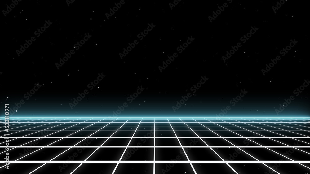 Retro style Sci-Fi future synthwave background. Futuristic Perspective Grid Landscape. Digital Cyber Surface. Suitable for design party flyer, banner, poster or cover style 80s or 90s. 3D illustration