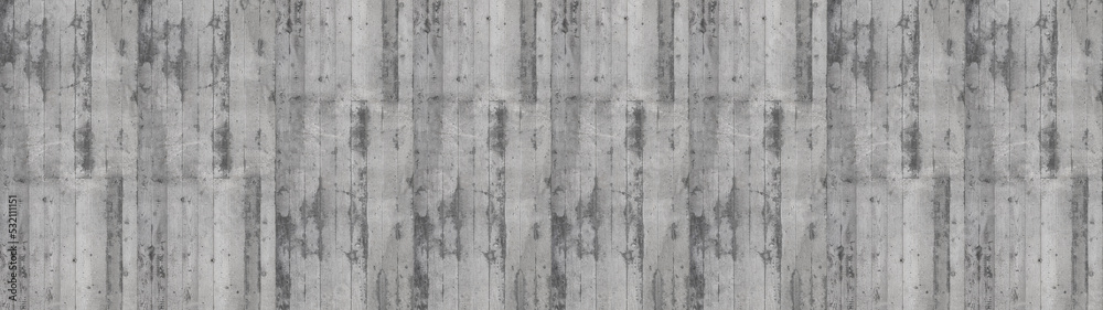 Gray grey grunge concrete wall with wood texture - Cement background wide panorama, with wooden boards pattern