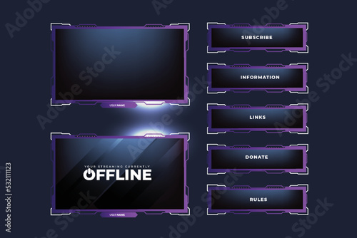 Live gaming overlay design with abstract shapes. Broadcast screen panel and offline frame background with purple and dark colors. Digital live streaming overlay vector. Futuristic gaming panel design.