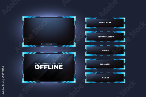 Futuristic live streaming overlay vector with frosty blue color. Live gaming screen panel and broadcast frame design with abstract shapes. Streaming panel overlay template design for gamers.