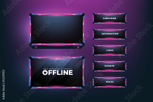 Girly screen overlay vector with pink and dark colors. Gaming screen panel design with abstract shapes for the broadcast system. Digital streaming overlay panel with girly color light effects.
