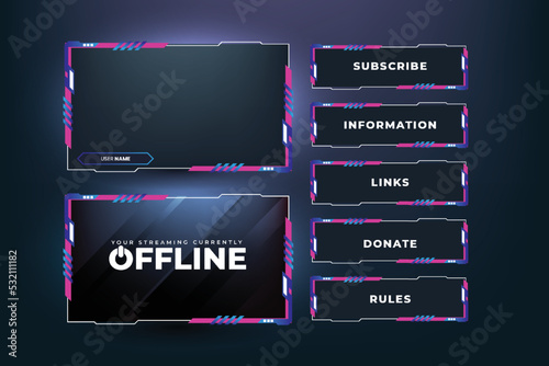 Simple futuristic gaming screen panel vector with abstract shapes. Online game streaming overlay and user interface design with pink and blue colors. Metallic gaming overlay panel vector.