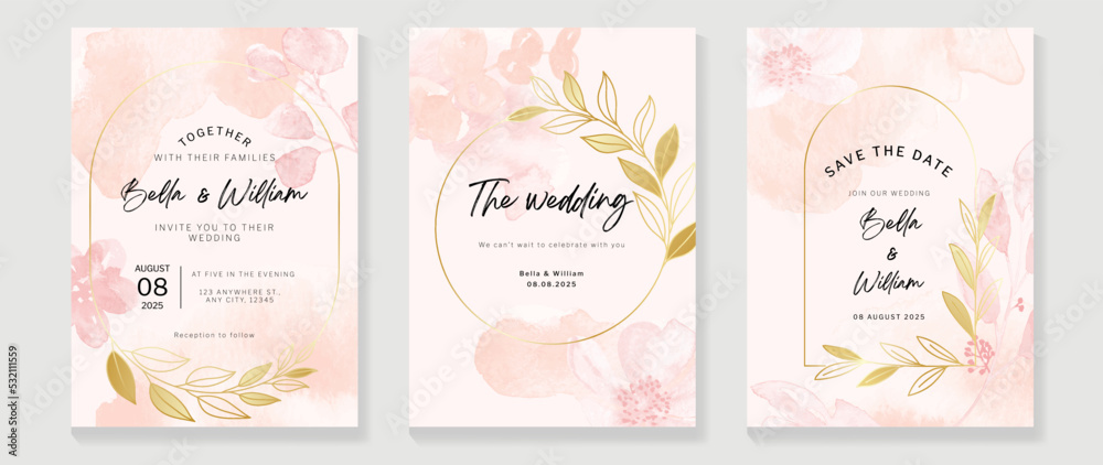 Luxury botanical wedding invitation card template. Watercolor card with flowers, eucalyptus, leaf branch, foliage wreath. Elegant blossom vector design suitable for banner, cover, invitation. Luxury botanical wedding invitation card template. Watercolor card with flowers, eucalyptus, leaf branch, foliage wreath. Elegant blossom vector design suitable for banner, cover, invitation.