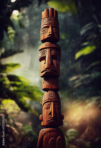 Schöner bemalter Totem aus Holz geschnitzt steht im Regenwald