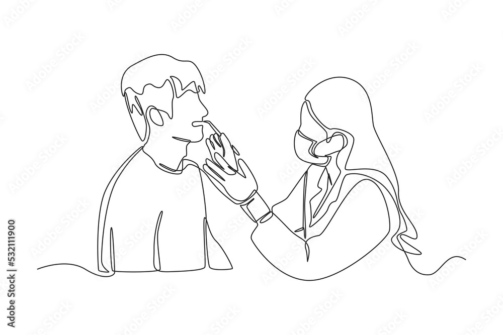 A female dentist is checking the dental health of a patient. Simple Continuous line. Simple Line