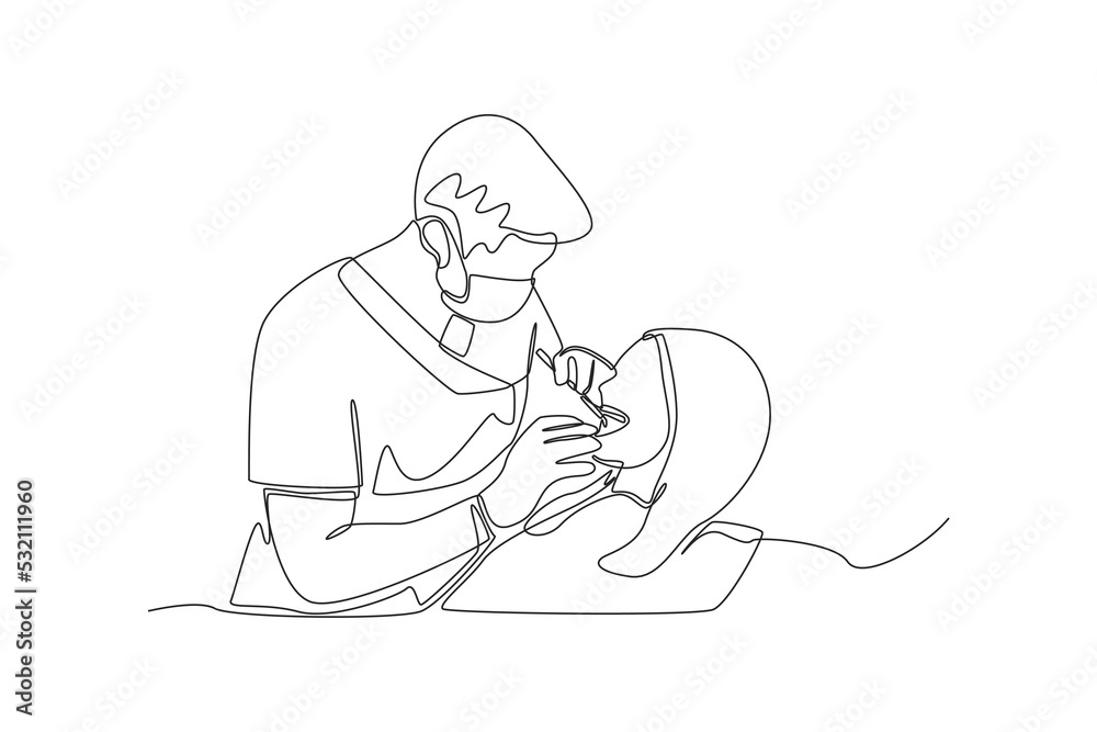 A simple line, depicting a woman checking the condition of her teeth to the dentist. Simple line, Simple continuous line. A simple line, depicting a woman checking the condition of her teeth to the dentist. Simple line, Simple continuous line.