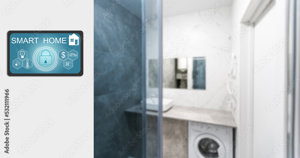 Internet of things , iot , smart home , kitchen , network connect concept. Human hand holding white phone, smart home application to count power usage application and wifi icon with kitchen background Internet of things , iot , smart home , kitchen , network connect concept. Human hand holding white phone, smart home application to count power usage application and wifi icon with kitchen background