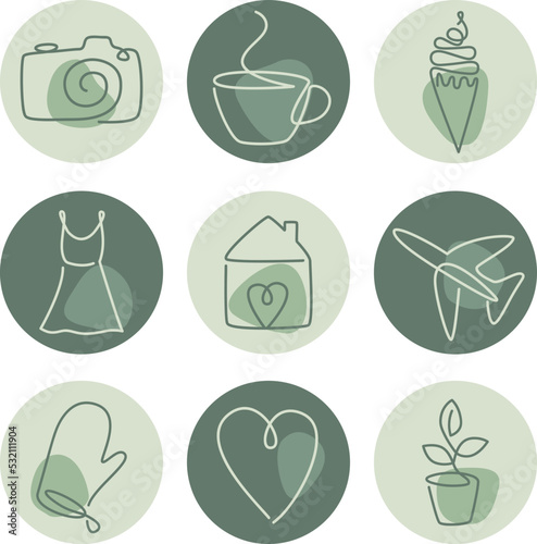 Set of highlights cover for social media. Trendy icons are drawn with continuous line