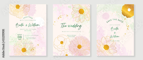 Luxury floral wedding invitation card template. Watercolor card with flowers, golden line art, pink and green color. Elegant blossom vector design suitable for banner, cover, invitation.