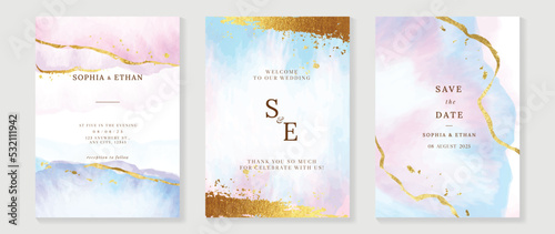 Luxury wedding invitation card template. Watercolor card with gold texture, blue and pink color, golden foil. Elegant watercolor texture vector design suitable for banner, cover, invitation, flyer. photo