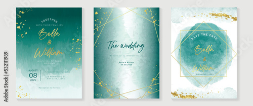 Luxury wedding invitation card template. Watercolor card with gold texture, blue ocean color, golden line. Elegant watercolor texture vector design suitable for banner, cover, invitation, flyer.