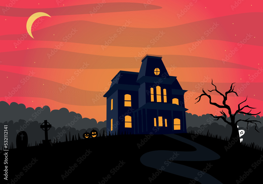 halloween dark scary gothic house withe red sky