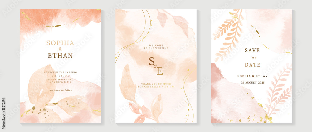 Luxury botanical wedding invitation card template. Watercolor card with fern, leaf branch, foliage, rose gold color. Elegant blossom vector design suitable for banner, cover, invitation.