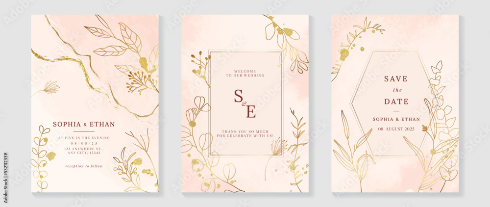 Luxury botanical wedding invitation card template. Watercolor card with eucalyptus, leaf branch, foliage, rose gold color, frame. Elegant blossom vector design suitable for banner, cover, invitation.