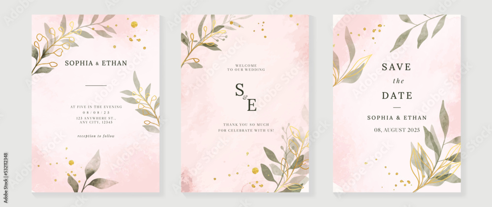 Luxury botanical wedding invitation card template. Watercolor card with flowers, leaf branch, foliage, rose gold color. Elegant blossom vector design suitable for banner, cover, invitation.