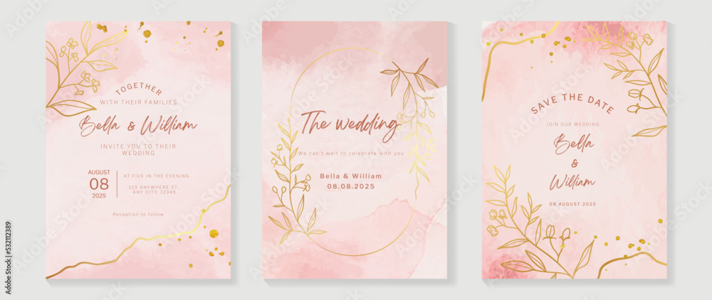 Luxury botanical wedding invitation card template. Watercolor card with flowers, leaf branch, foliage, rose gold color, line art. Elegant blossom vector design suitable for banner, cover, invitation.