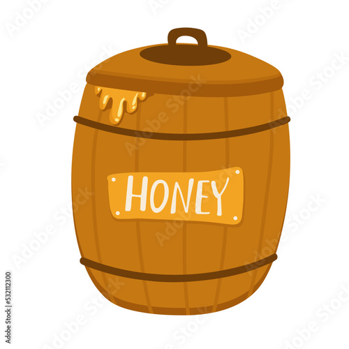 Wooden barrel with honey ico isolated on white Vector illustration. Hand drawn background