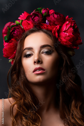Wallpaper Mural Beautiful Ukrainian woman in a colorful wreath of pink and burgundy peony. Girl's headdress. Sensual portrait Torontodigital.ca