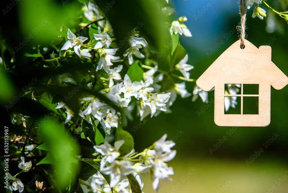 Symbol of the house on the branches of a flowering jasmine Symbol of the house on the branches of a flowering jasmine