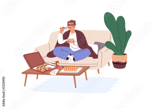 Happy person eating takeaway food, watching movie alone at home. Man relaxing on sofa with pizza and sushi, enjoying cozy lazy evening. Flat graphic vector illustration isolated on white background