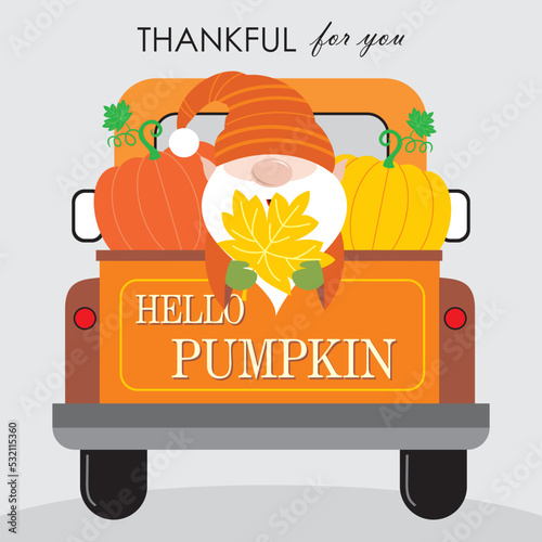 happy thanksgiving card with gnome and pumpkin on the car