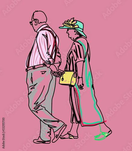 Vector illustration of a couple of elderly man and woman, street style, isolated background