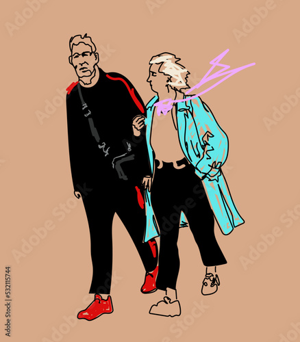Vector illustration of a couple of elderly man and woman, street style, isolated background
