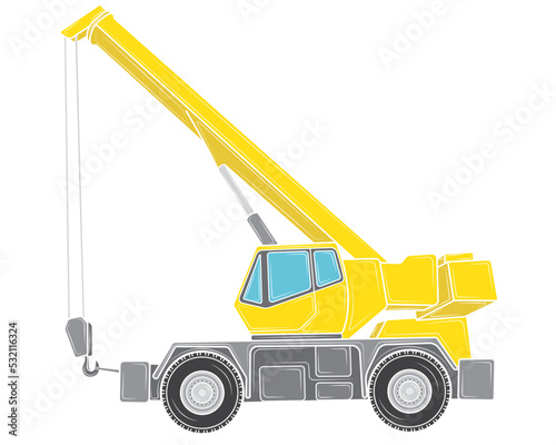 Construction crane on the basis of a car. Heavy special transport. Vector illustration.