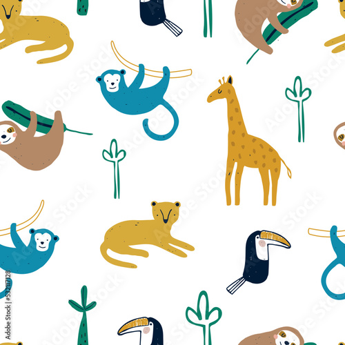 Seamless pattern with cute safari animals monkey, leopard giraffe and sloth. Vector illustration for printing on fabric, wrapping paper. Cute baby background