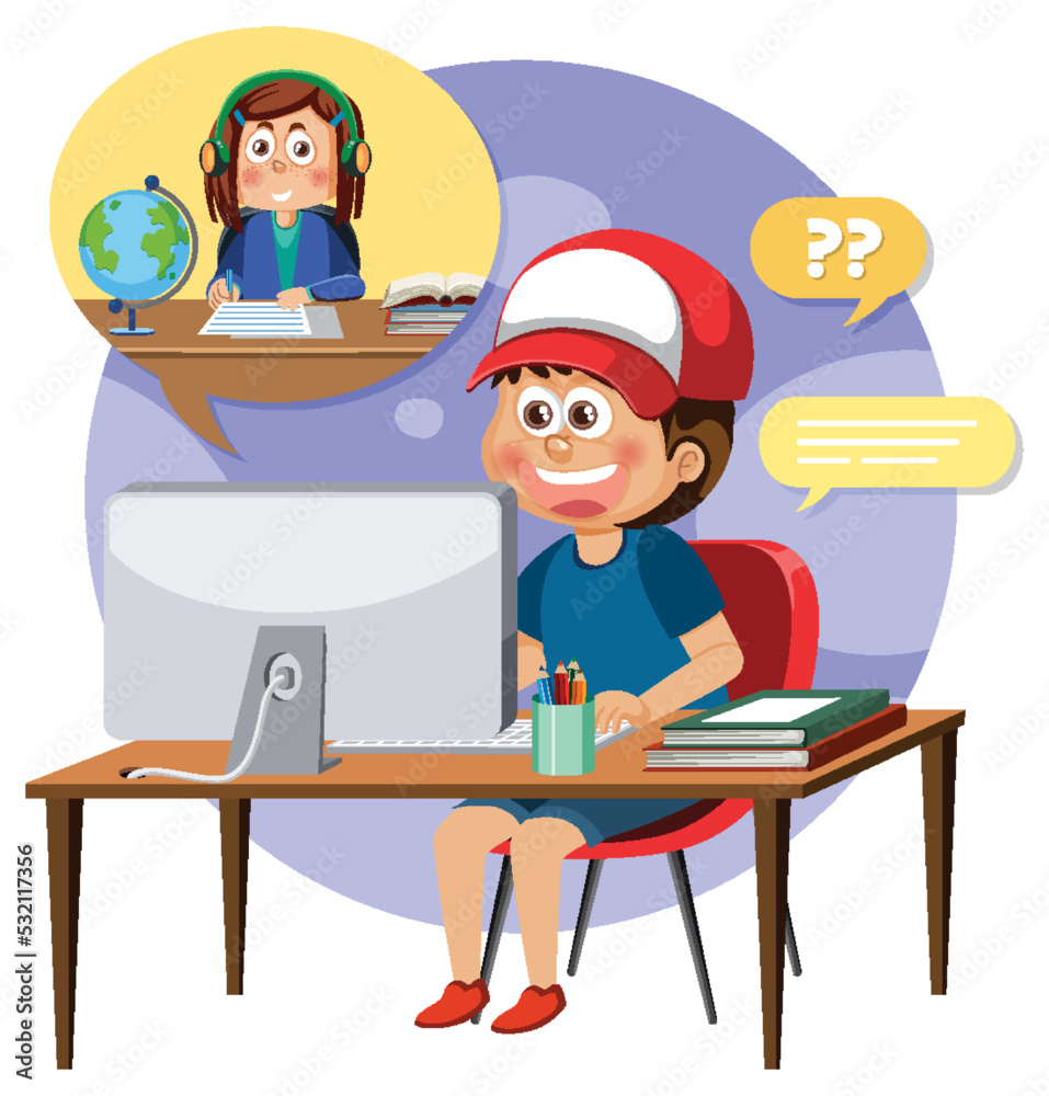 A boy using computer cartoon A boy using computer cartoon