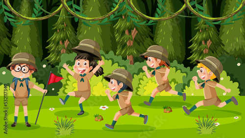 Children camping out forest scene