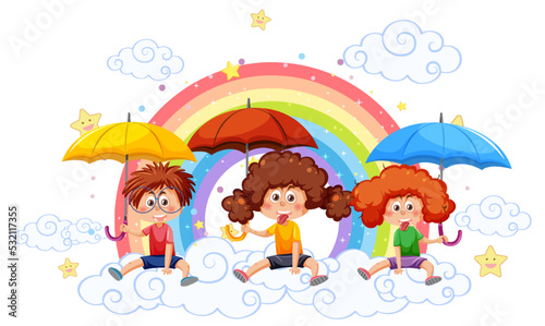 Children sitting on cloud with rainbow