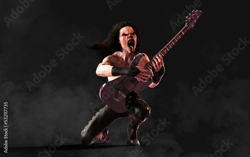 3d Illustration Devil pose and plays an electric guitar surrounded on dark background with clipping path. Death Rock Musician. Hard rock party and Halloween Project. 