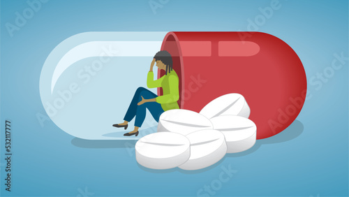 Woman trapped in need of medication or drug addiction. Dimension 16:9. Vector illustration.
