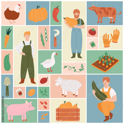 Farm local production, agriculture set vector illustration. Cartoon farmer characters grow harvest, domestic animals and poultry, organic vegetables, tools and plants in square collage background