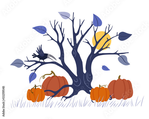 Halloween scene. Scary tree with branches, a crow, moon and pumpkins isolated on a white background.