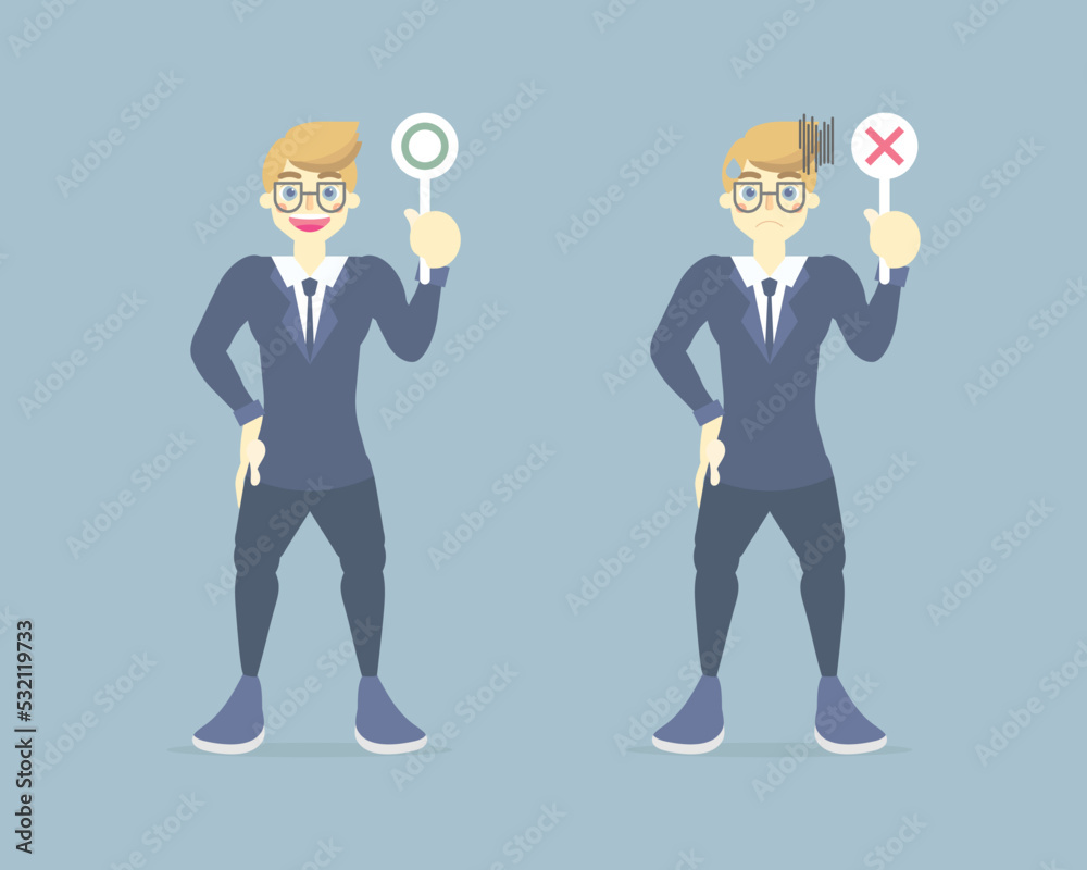 set collection of businessman in suit holding right, wrong sign symbol, business finance concept, flat vector illustration character cartoon design clip art set collection of businessman in suit holding right, wrong sign symbol, business finance concept, flat vector illustration character cartoon design clip art
