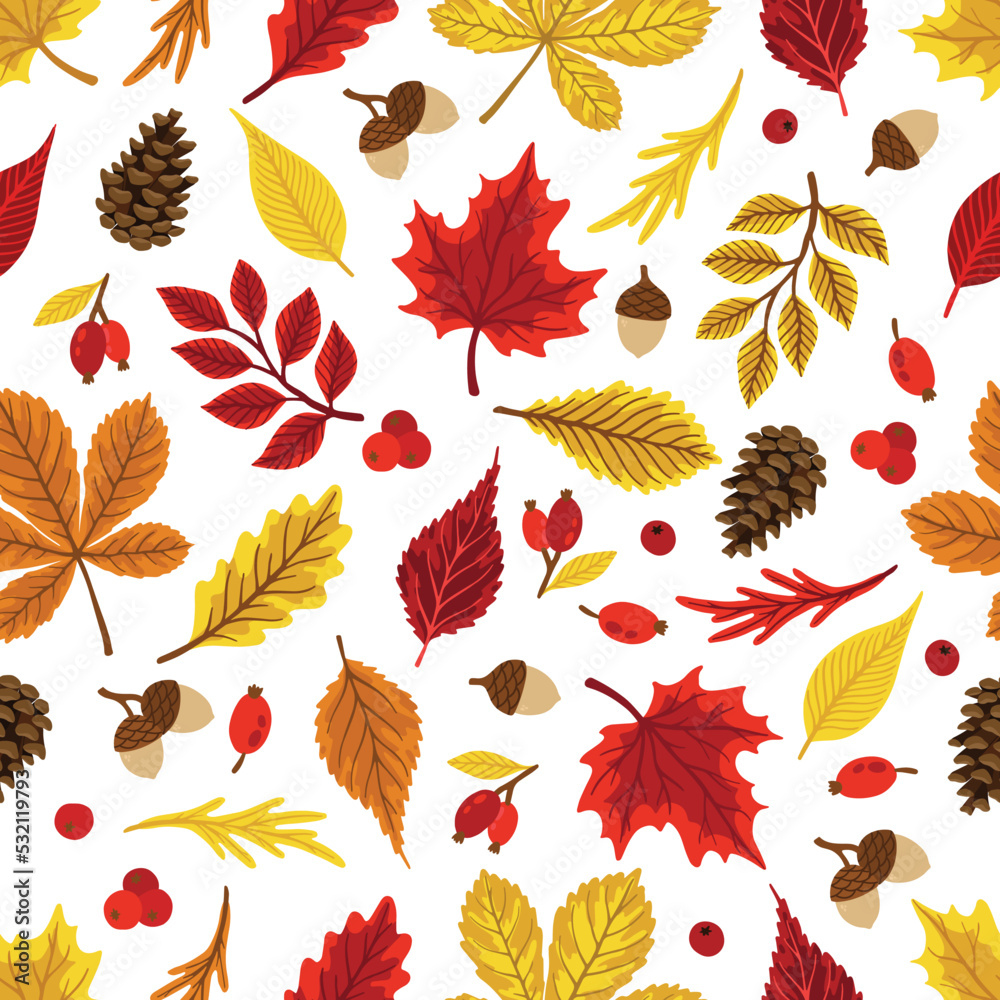 Autumn leaves pattern. Falling leaf seamless background with Oak, maple, chestnut, linden, aspen, walnut and rowan foliage. Autumn leaves pattern. Falling leaf seamless background with Oak, maple, chestnut, linden, aspen, walnut and rowan foliage.