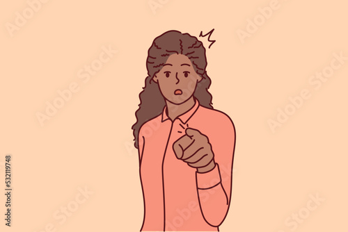 Stunned African American woman point at screen choose you. Amazed black female show at camera with finger making choice. Vector illustration. 