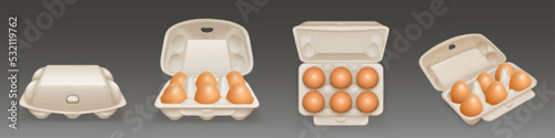 Carton egg tray, blank box package mock up. Vector realistic mockup of 3d open and closed cardboard container for half dozen chicken eggs isolated on background