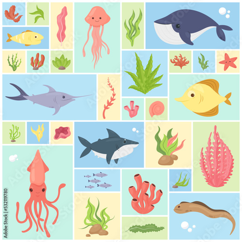 Underwater sea animals and fishes set vector illustration. Cartoon happy wild inhabitants of ocean life or aquarium, coral reef wildlife and tropical nature collection in square collage background