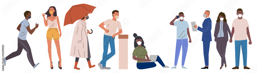 Casual people in masks set vector illustration. Cartoon woman walking with umbrella and sitting with laptop, man talking on phone, businessman holding office document, couple standing isolated white