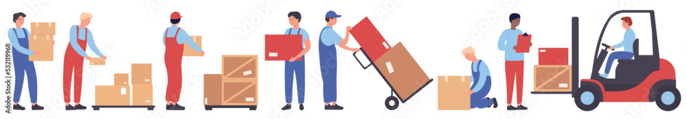 Warehouse workers set vector illustration. Cartoon man driving forklift transport to move boxes and packages, people carrying and packing stack of goods isolated white. Logistics, storage concept