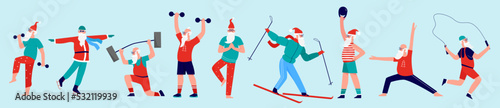 Active sport exercises and yoga of Santa Claus characters set vector illustration. Cartoon cute man training with dumbbells, ski and rope, healthy workout on blue background. Xmas, aerobic concept