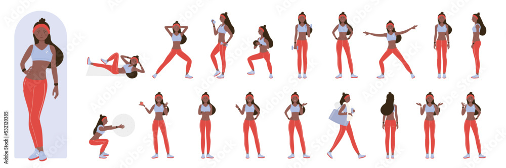 Cartoon active woman doing healthy aerobic exercises or pilates in gym,  stretch training. African american black female active sport trainer poses  set in front, side and back view vector illustration Stock Vector