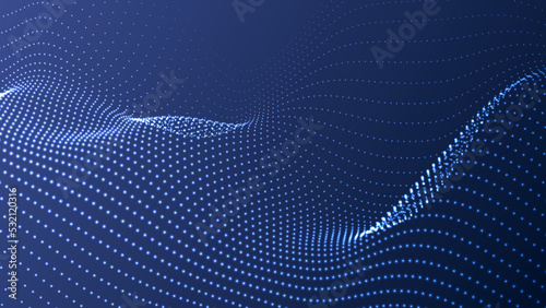 Wave of flowing particles on a dark background. Abstract backdrop with dynamic elements of waves and dots. Vector